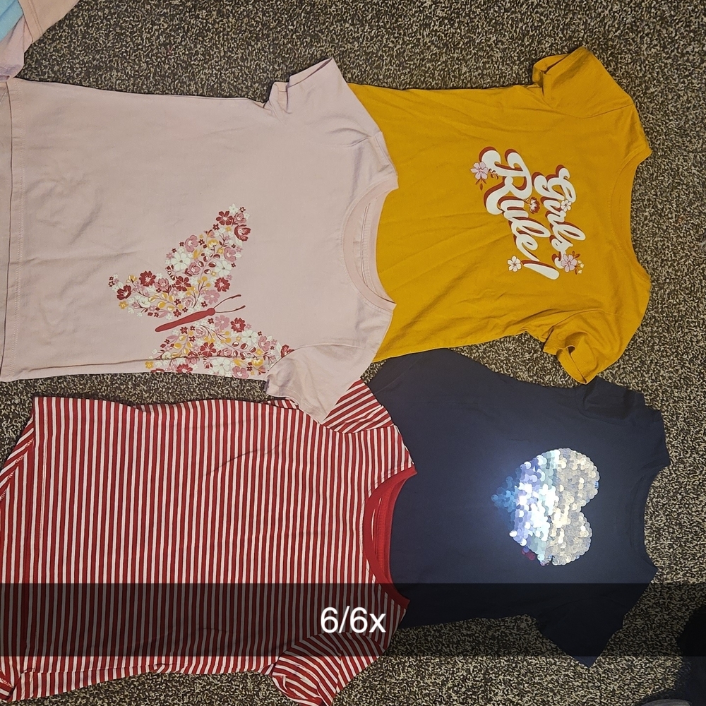 Girls' Short Sleeve Graphic Tops - Pink, Mustard, Red Stripe, Navy (4-Pack)
